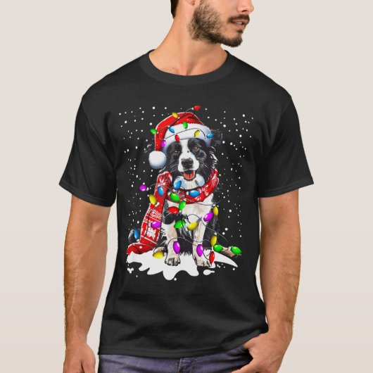T-shirt Border Collie Dog Lighting Xmas Santa Hat Christma (Devant)