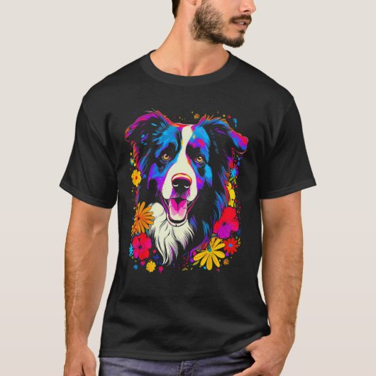 T-shirt Border Collie Dog Love Flowers (Devant)
