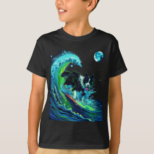 T-shirt Border Collie Enfants Surfant au Clair de Lune