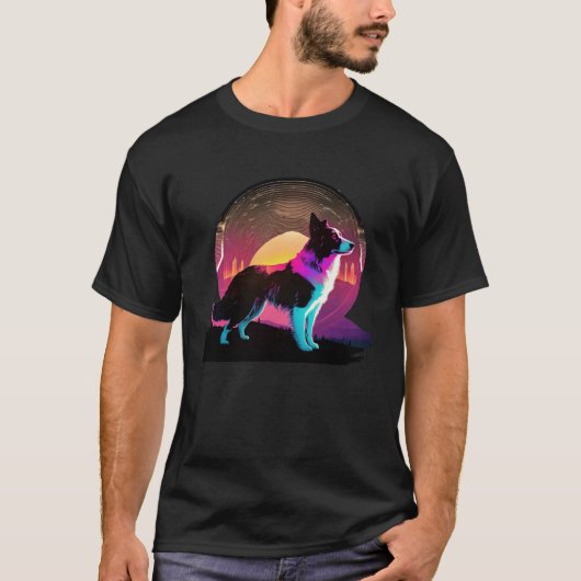 T-shirt Border Collie Synthwave 80s Retrowave Aesthetic (Devant)
