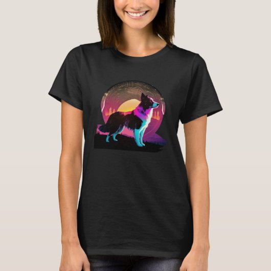 T-shirt Border Collie Synthwave esthétique Rétro-onde 80s (Devant)