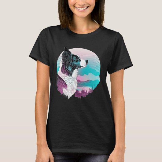 T-shirt Border Collie Vaporwave Retrowave Aesthetic (Devant)