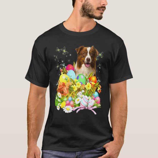 T-shirt Bordure Collie Bunny Chien Avec Pâques Oeufs Baske (Devant)