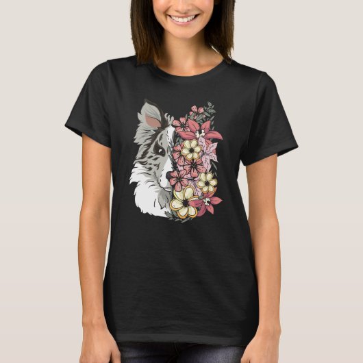 T-shirt Bordure Collie Mélange Bleu Avec Fleurs (Devant)