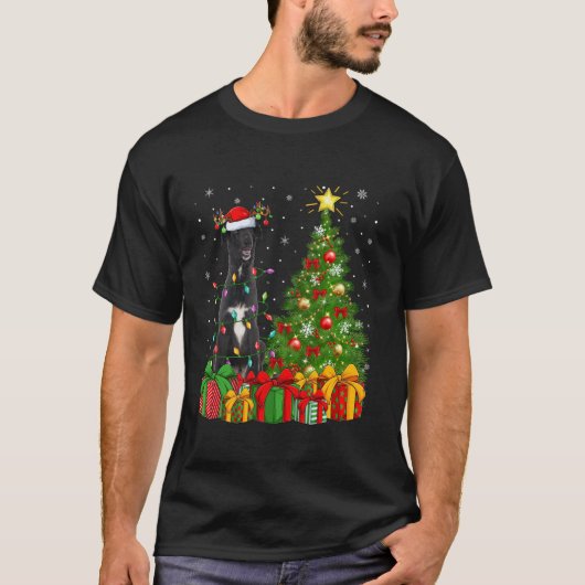 T-shirt Borzoi Chien Xmas Arbre Éclairage Santa Hat Borzoi (Devant)