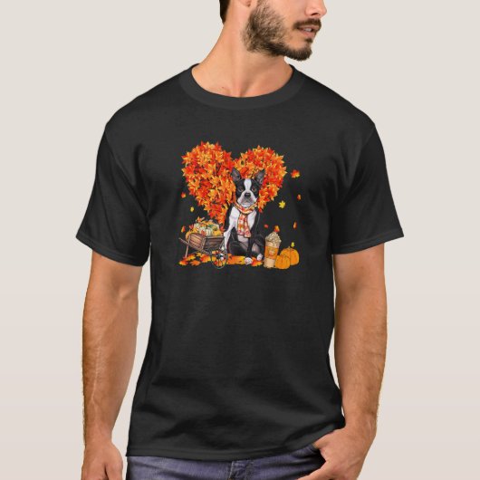 T-shirt Boston Terrier Autumn Tree Fall Leaves Pumpkin Dog (Devant)
