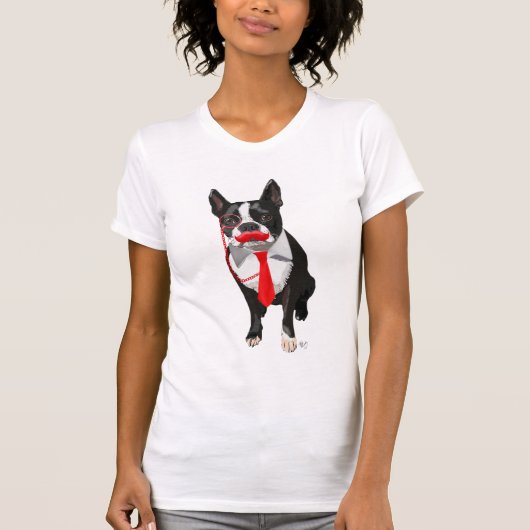 T-shirt Boston Terrier avec Cravate rouge et moustache 2 (Devant)