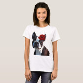 T-shirt Boston Terrier avec Rose sur Head 2 (Devant entier)