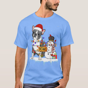 T-shirt boston terrier Chien Noël Snowman Xmas Lights P