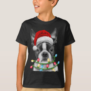 T-shirt Boston Terrier Chien Père Noël Christmas Tree Lumi