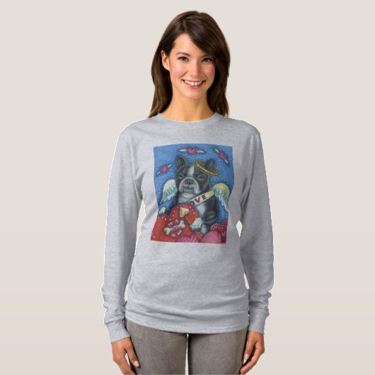 T-shirt Boston Terrier, CHIEN VALENTINE LONG SLEEVE T SHIR (Devant entier)