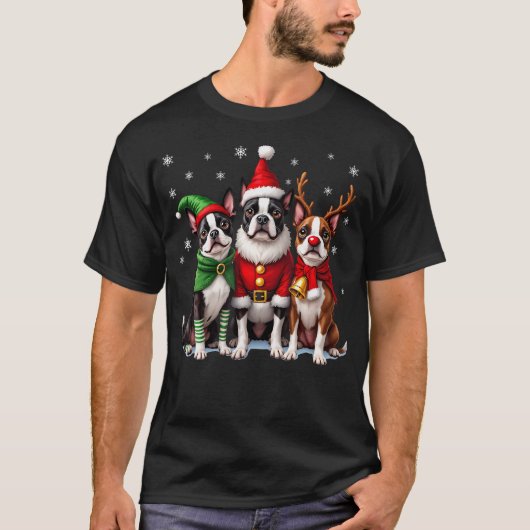 T-shirt Boston Terrier Christmas Dogs Funny Santa Reindeer (Devant)
