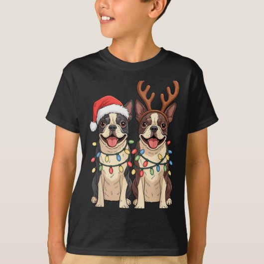 T-shirt Boston Terrier Christmas Santa Hat Reindeer Lights (Devant)