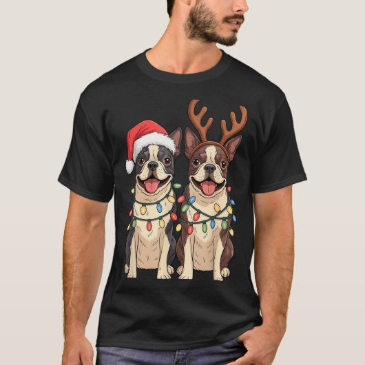 T-shirt Boston Terrier Christmas Santa Hat Reindeer Lights (Devant)