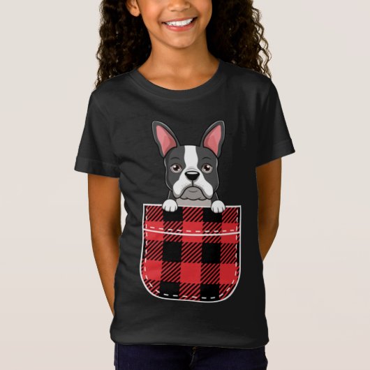 T-Shirt Boston Terrier Dog In Buffalo Plaid Pocket (Devant)