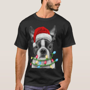 T-shirt Boston Terrier Père Noël Christmas Tree Lights Noë