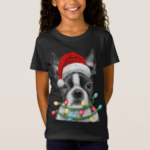 T-Shirt Boston Terrier Père Noël Christmas Tree lumières N