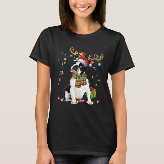 T-shirt Boston Terrier Reindder Santa Hat Christmas Tree L (Devant)