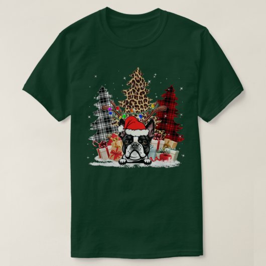 T-shirt Boston Terrier Santa Hat Light Buffalo Plaid Leopa (Design devant)