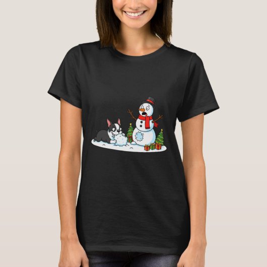T-shirt Boston Terrier Snowman Christmas Tree Xmas Womens (Devant)