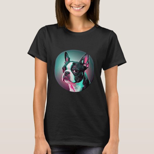 T-shirt Boston Terrier Synthwave 80s Retrowave Aesthetic (Devant)