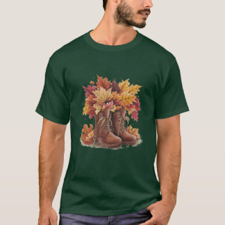 T-shirt Bottes d'automne avec feuilles d'automne Aquarelle