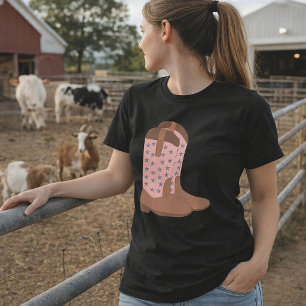 T-shirt Bottes de cowboy rose avec fausses étoiles scintil