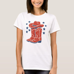 T-shirt Bottes de cowboy rouges rustiques et étoiles bleue