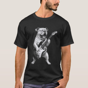 T-shirt Bouledogue Anglais Jouant de la Guitare Musique Ro