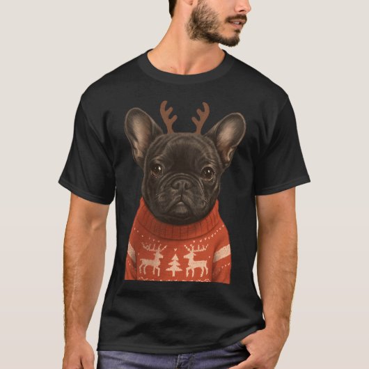T-shirt Bouledogue français dans un pull de Noël (Devant)