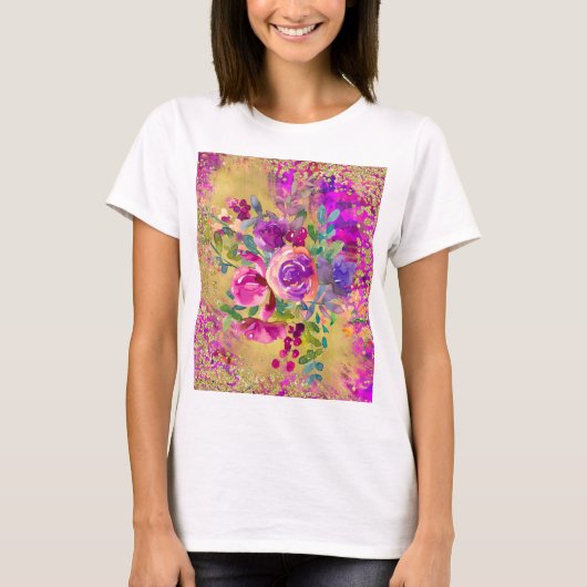 T-shirt Bouquet de fleurs d'aquarelle sur framboise rose (Devant)