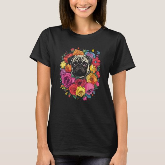 T-shirt Bouquet de fleurs de Pug mignon (Devant)