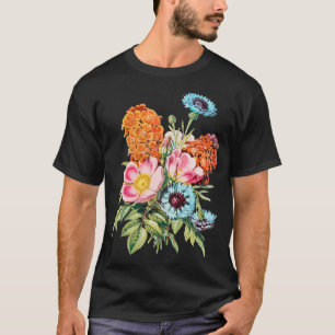T-shirt Bouquet de fleurs de style vintage Bouteille bleue