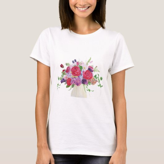 T-shirt bouquet d'hydrangée rouge peint à la main (Devant)