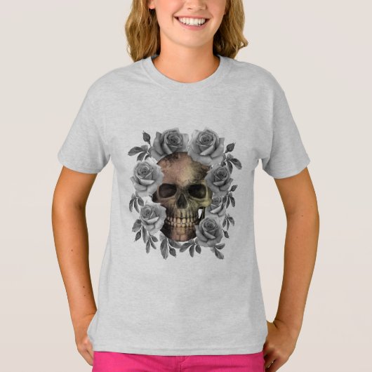 T-SHIRT BOUQUET SKULL FLEURS NOIR ET BLANC (Devant)