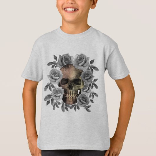 T-SHIRT BOUQUET SKULL FLEURS NOIR ET BLANC (Devant)