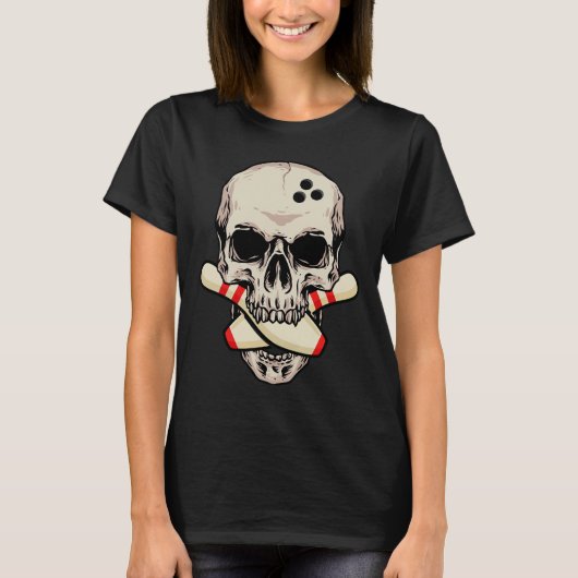 T-shirt Bowling Pins Retro Skull Skeleton Head Bowling Bal (Devant)