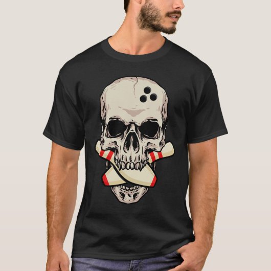 T-shirt Bowling Pins Retro Skull Skeleton Head Bowling Bal (Devant)