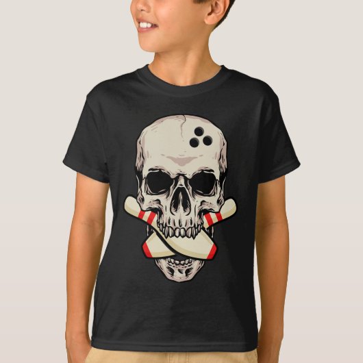 T-shirt Bowling Pins Retro Skull Skeleton Head Bowling Bal (Devant)