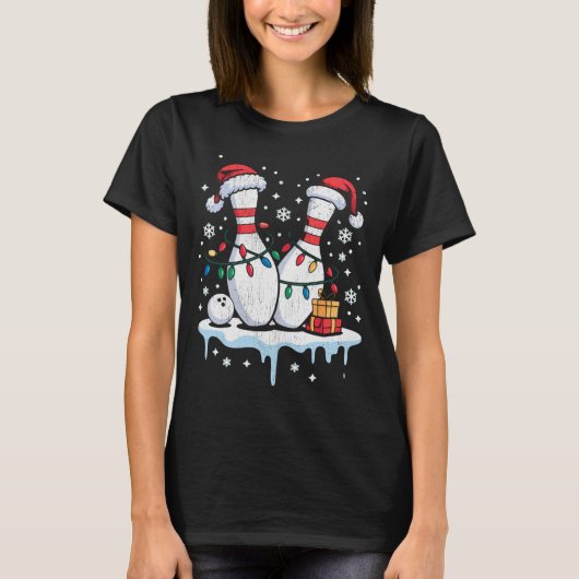 T-shirt Bowling Santa Hat Funny Christmas Long Sleeve (Devant)
