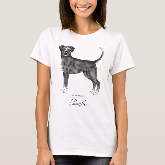 T-shirt Boxer Chien En Noir & Blanc J'Aime Mon Boxer & Nom (Devant)