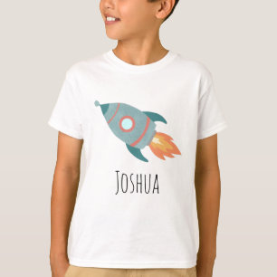 T-shirt Boys Cute Blue Rocket Ship in Space and Name