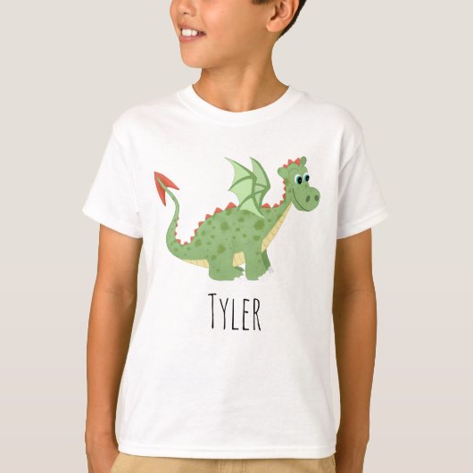 T-shirt Boys mignon et magique Dragon Vert Cartoon & Nom (Devant)