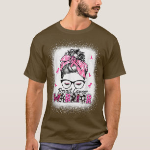 T-shirt Breast Cancer Warrior Women Messy Bun Pink Ribbon 