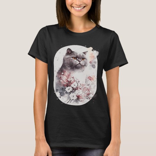 T-shirt British Shorthair Cat Japanese Cherry Blossom Saku (Devant)