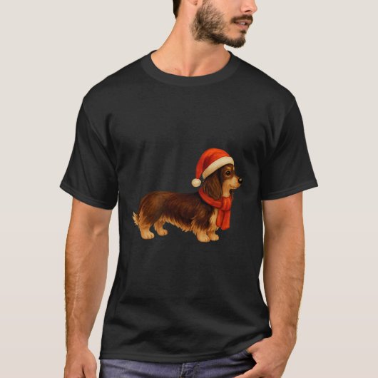 T-shirt Brown And Tan Christmas Dachshund Santa Hat  (Devant)