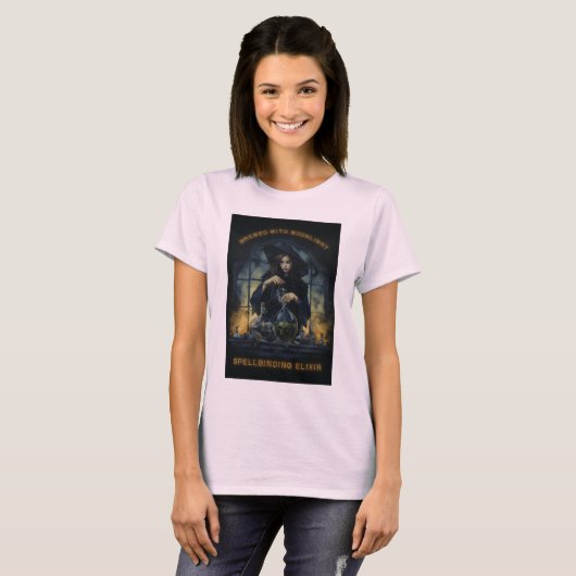 T-shirt Brûlé avec Sorcière Lune (Devant entier)