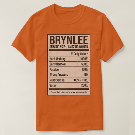 T-shirt Brynlee Nutrition Facts Nom Pseudo Alias Titre (Design devant)