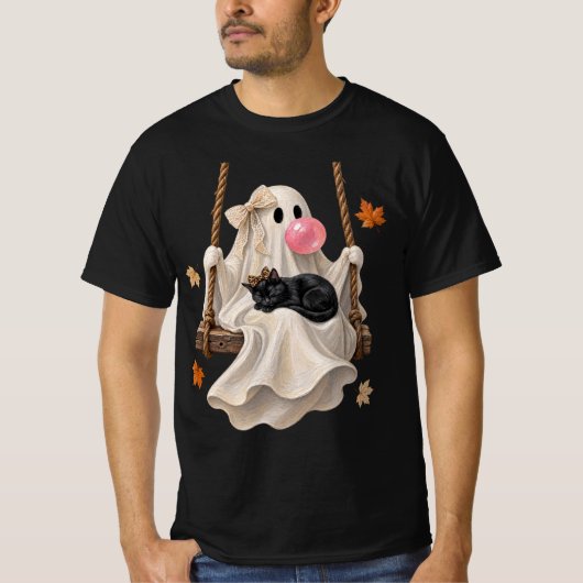 T-shirt Bubblegum Ghost & Black Cat Swing Halloween (Devant)