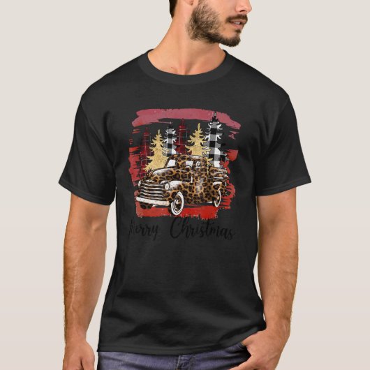 T-shirt Buffalo Plaid Arbre de Noël Camion Rouge Avec Leop (Devant)